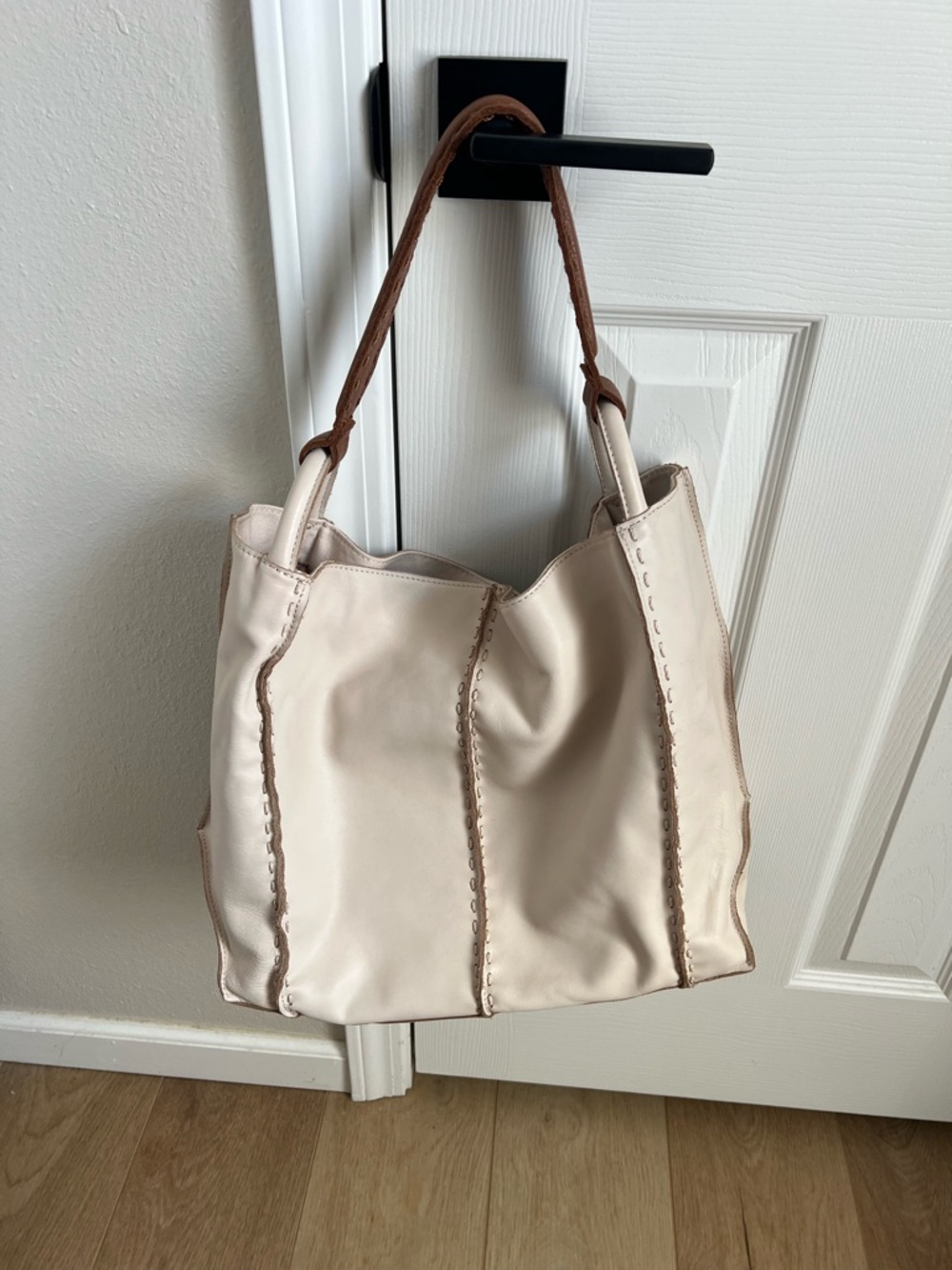 The Sak Cream Shoulder Tote with Brown Braided Handles